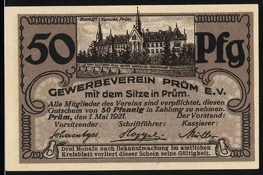 Notgeld Prüm 1921, 50 Pfennig, Bischöfliches Konvikt und Stadtansicht
