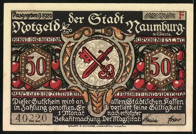 Notgeld Naumburg a. Saale 1920, 50 Pfennig, Lehrer in der Schule und Wappen