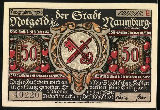 Notgeld Naumburg a. Saale 1920, 50 Pfennig, Familie auf dem Weg zum Gipfel und Wappen