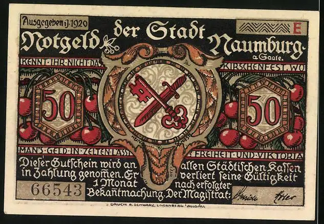 Notgeld Naumburg a. Saale 1920, 50 Pfennig, Familie auf dem Weg zum Gipfel und Wappen