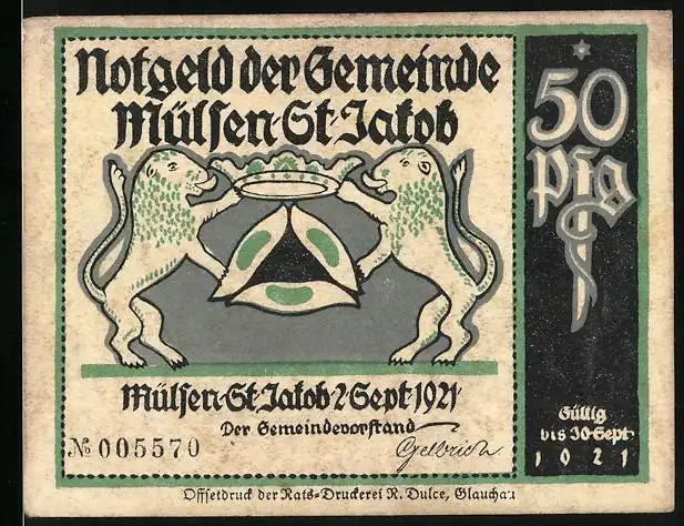 Notgeld Mülsen St. Jacob 1921, 50 Pfennig, Zwei Freunde stossen an