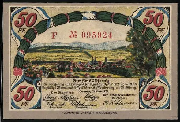 Notgeld Lemgo 1921, 50 Pfennig, Stadtansicht und Wappen