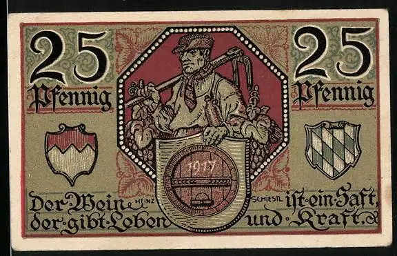 Notgeld Kitzingen 1921, 25 Pfennig, Weinbauer und Wappen