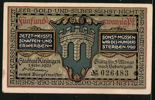 Notgeld Kitzingen 1921, 25 Pfennig, Weinbauer und Wappen