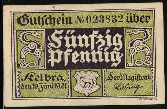Notgeld Kelbra 1921, 50 Pfennig, Wappen und Bismarcksäule