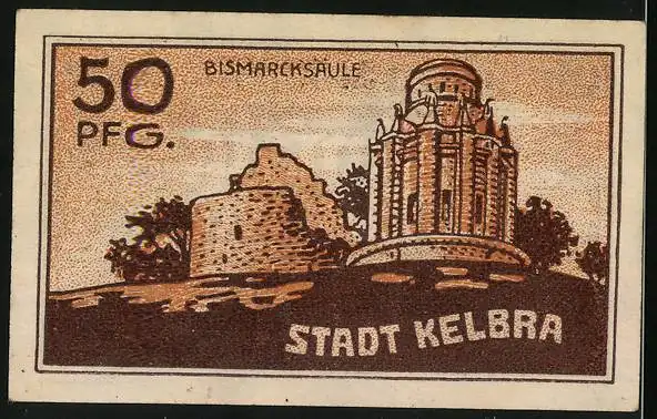 Notgeld Kelbra 1921, 50 Pfennig, Wappen und Bismarcksäule