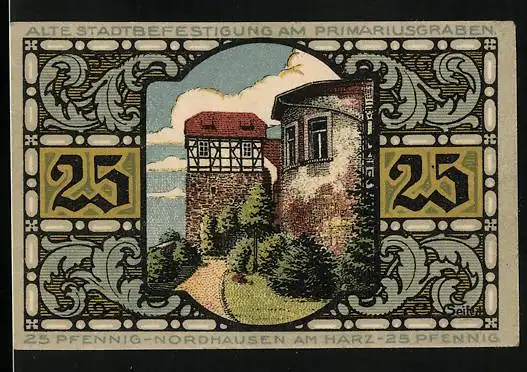 Notgeld Nordhausen a. H., 25 Pfennig, Alte Stadtbefestigung am Primariusgraben und Der Riese