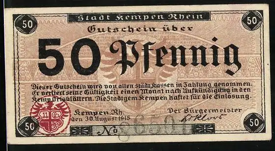 Notgeld Kempen /Rhein 1918, 50 Pfennig, Rathaus