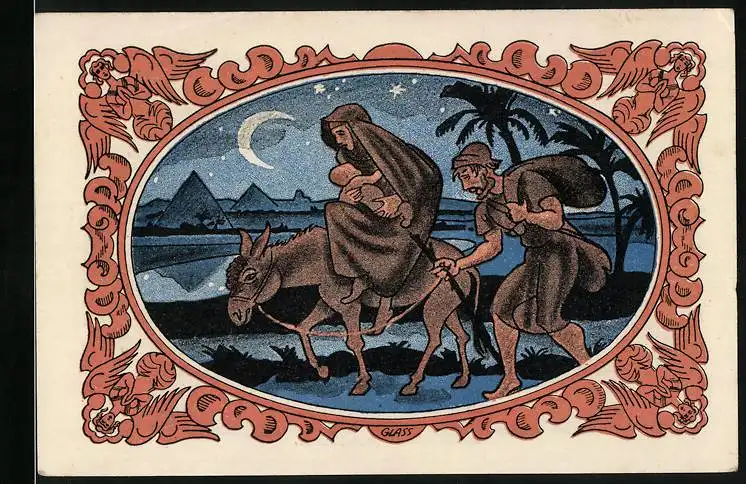 Notgeld Kahla S.-A. 1921, 50 Pfennig, Maria mit Jesuskind auf einem Esel und Tannenzweige mit Kerzen