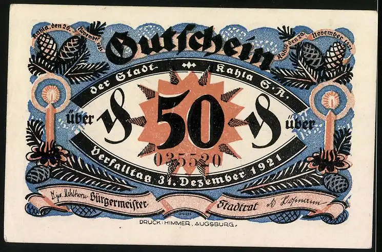 Notgeld Kahla S.-A. 1921, 50 Pfennig, Christi Geburt und Tannenzweige mit Kerzen