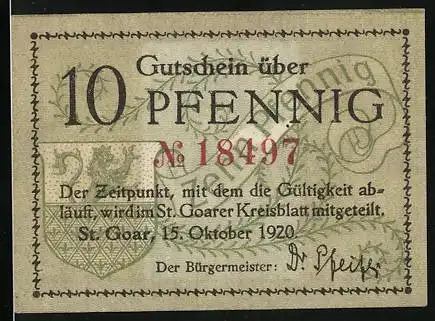 Notgeld St. Goar 1920, 10 Pfennig, Wappen und Partie beim Schloss