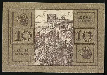 Notgeld St. Goar 1920, 10 Pfennig, Wappen und Partie beim Schloss