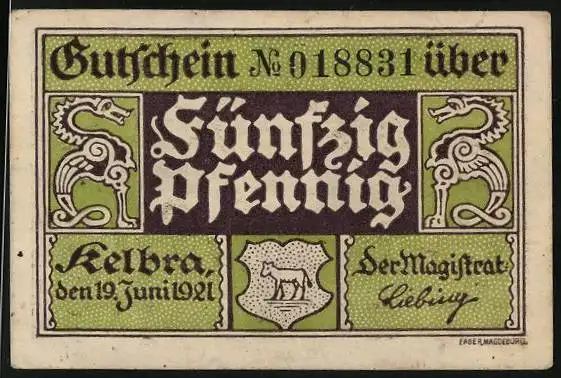 Notgeld Kelbra 1921, 50 Pfennig, Wappen und Burgruine