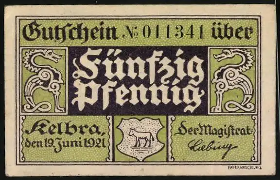 Notgeld Kelbra 1921, 50 Pfennig, Rathaus und Wappen