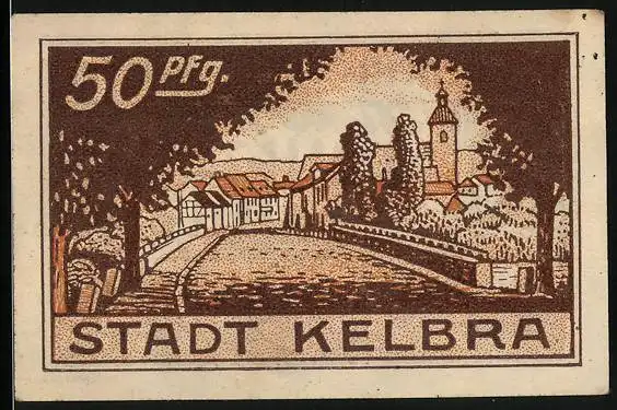 Notgeld Kelbra 1921, 50 Pfennig, Eingag zur Stadt und Wappen
