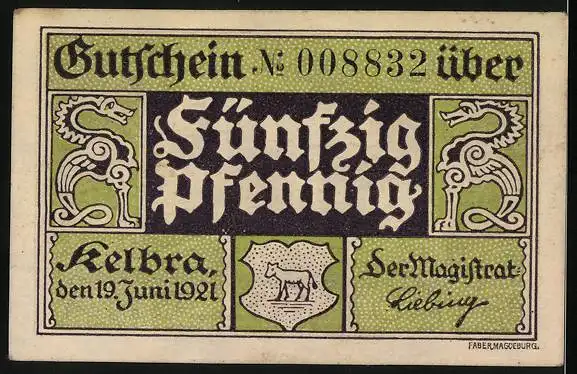 Notgeld Kelbra 1921, 50 Pfennig, Eingag zur Stadt und Wappen