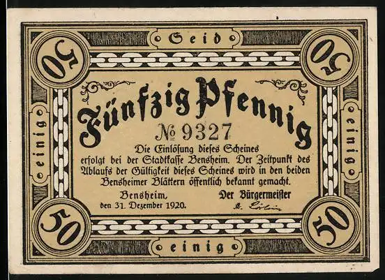 Notgeld Bensheim 1920, 50 Pfennig, zwei Bilder aus der Stadt