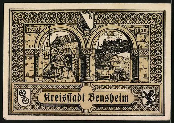 Notgeld Bensheim 1920, 50 Pfennig, zwei Bilder aus der Stadt