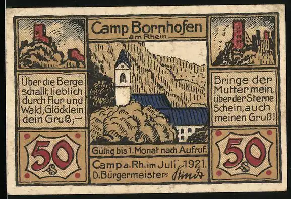 Notgeld Camp Bornhofen 1921, 50 Pfennig, Kirche und Burg, Ave Maria