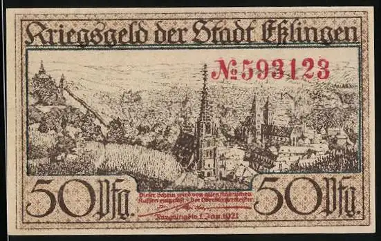 Notgeld Esslingen 1921, 50 Pfennig, Stadtansicht, eine halbe Mark Kriegsgeld