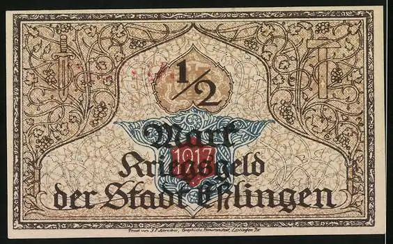 Notgeld Esslingen 1921, 50 Pfennig, Stadtansicht, eine halbe Mark Kriegsgeld