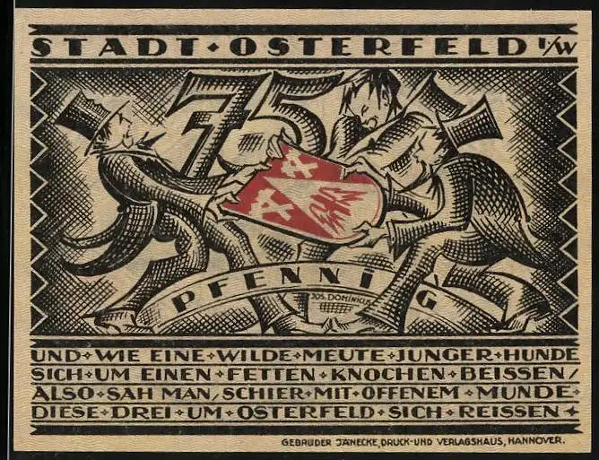 Notgeld Osterfeld i. Westf. 1921, 75 Pfennig, Bergmann vor Lore mit Kohle, Stadtwappen