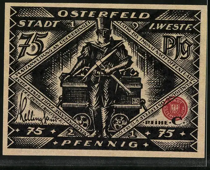 Notgeld Osterfeld i. Westf. 1921, 75 Pfennig, Bergmann vor Lore mit Kohle, Stadtwappen