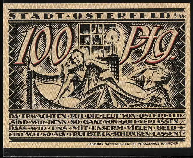 Notgeld Osterfeld i. W. 1921, 100 Pfennig, Sorgenvolle Osterfelder bei Nacht, Bergmann vor einer Lore mit Kohle