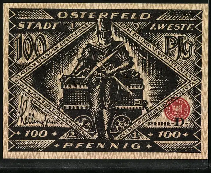 Notgeld Osterfeld i. W. 1921, 100 Pfennig, Sorgenvolle Osterfelder bei Nacht, Bergmann vor einer Lore mit Kohle