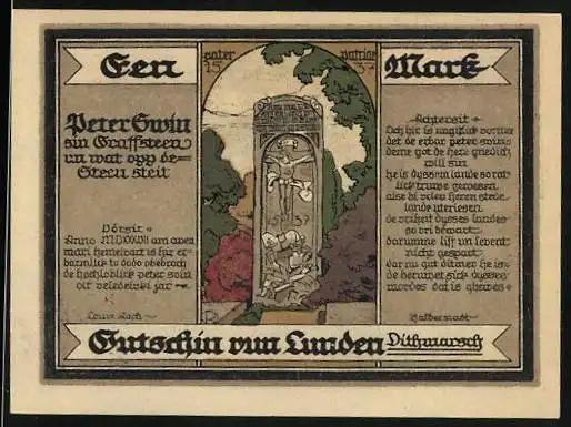 Notgeld Lunden in Dithmarschen 1921, 100 Pfennig, Denkmal von 1537 und Wappen