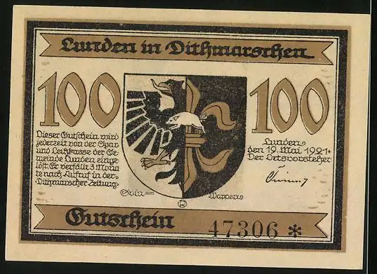 Notgeld Lunden in Dithmarschen 1921, 100 Pfennig, Denkmal von 1537 und Wappen