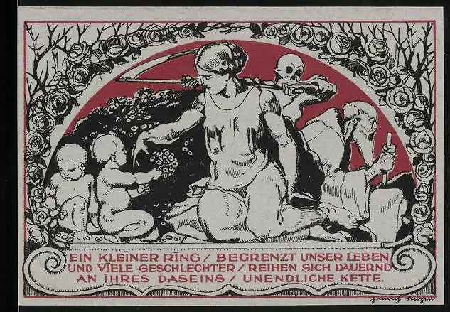 Notgeld Weimar 1921, 50 Pfennig, Mutter mit Kinder und der Sensenmann, Kopf von Goethe