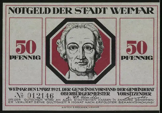 Notgeld Weimar 1921, 50 Pfennig, Mutter mit Kinder und der Sensenmann, Kopf von Goethe