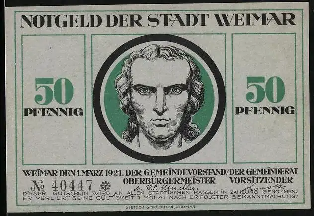 Notgeld Weimar 1921, 50 Pfennig, Szene mit Weintrauben und Männerkopf