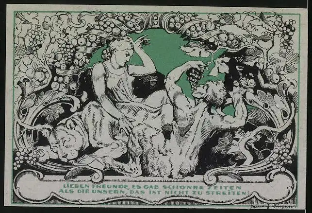 Notgeld Weimar 1921, 50 Pfennig, Szene mit Weintrauben und Männerkopf