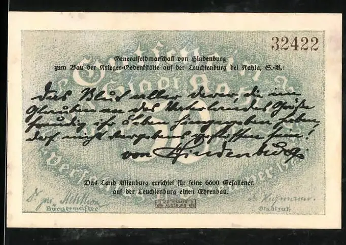 Notgeld Kahla i. Thür., 50 Pfennig, Generalfeldmarschall von Hindenburg zum Bau der Krieger-Gedenkstätte Leuchtenburg