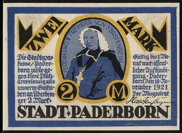 Notgeld Paderborn 1921, 2 Mark, Ferdinand I., Freiherr von Fürstenberg, Jesuitenkirche