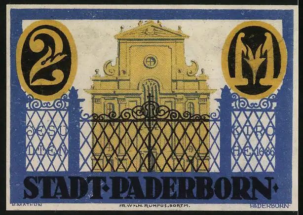 Notgeld Paderborn 1921, 2 Mark, Ferdinand I., Freiherr von Fürstenberg, Jesuitenkirche