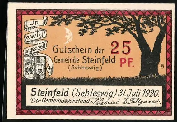 Notgeld Steinfeld (Schleswig) 1921, 25 Pfennig, Wappen und Bauer bei der Aussaat
