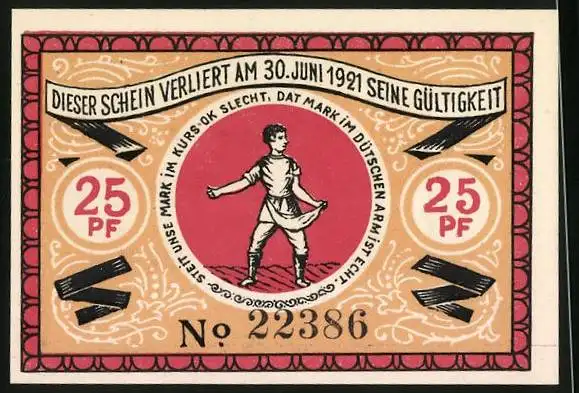 Notgeld Steinfeld (Schleswig) 1921, 25 Pfennig, Wappen und Bauer bei der Aussaat
