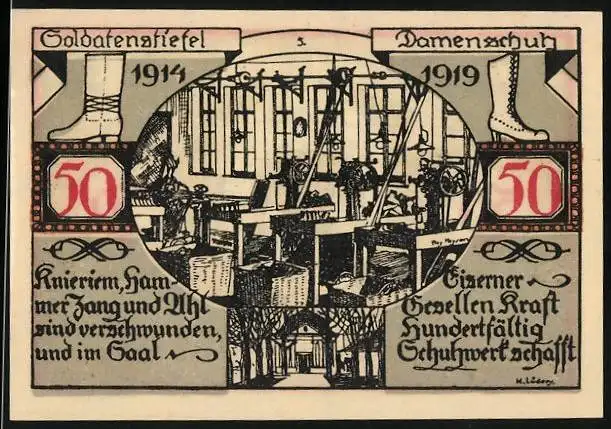 Notgeld Weissenfels a. d. Saale 1919, 50 Pfennig, Schuhfabrik und Wappen