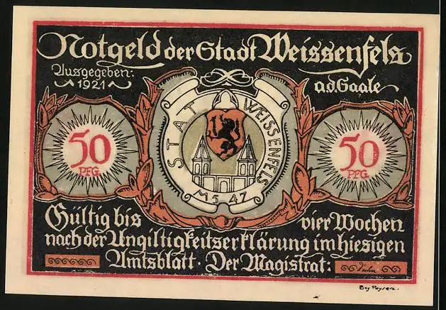 Notgeld Weissenfels a. d. Saale 1919, 50 Pfennig, Schuhfabrik und Wappen