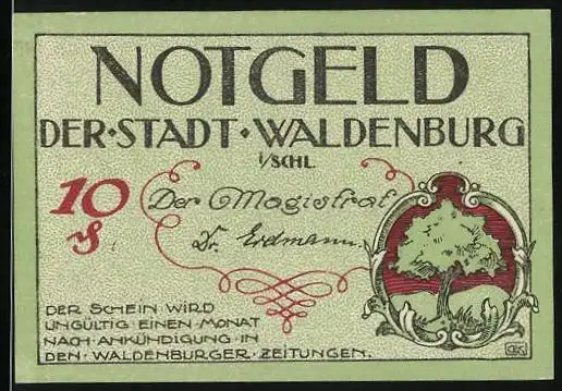 Notgeld Waldenburg /Schlesien, 10 Pfennig, Wappen und Fabrik Bergbau