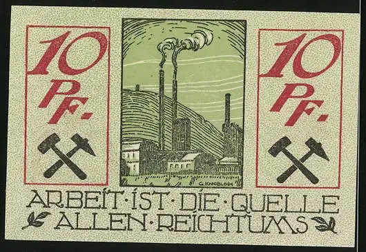 Notgeld Waldenburg /Schlesien, 10 Pfennig, Wappen und Fabrik Bergbau