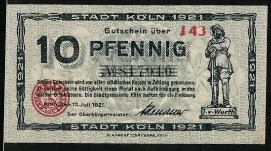 Notgeld Köln 1921, 10 Pfennig, Denkmal J. v. Werth, Abschied Jan und Griet