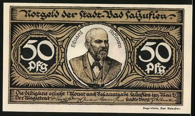 Notgeld Bad Salzuflen 1921, 50 Pfennig, Portrait Eduard Hoffmanns, weisse Katze