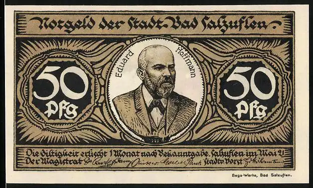 Notgeld Bad Salzuflen 1921, 50 Pfennig, Portrait Eduard Hoffmanns, weisse Katze