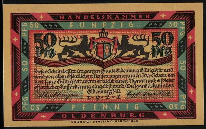 Notgeld Oldenburg 1921, 50 Pfennig, Wappen und Graf Anton Günther zu Pferdw