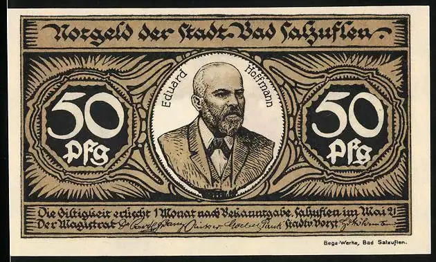 Notgeld Bad Salzuflen 1921, 50 Pfennig, Portrait Eduard Hoffmanns, weisse Katze