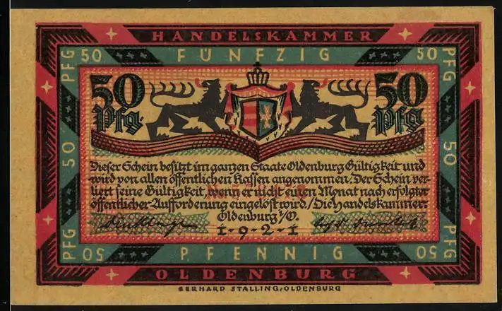 Notgeld Oldenburg 1921, 50 Pfennig, Wappen und Familie am offenen Feuer